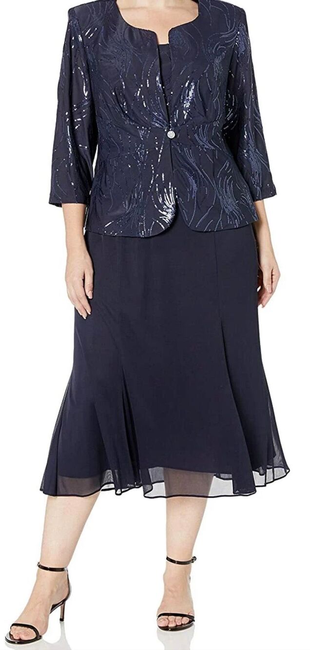 Alex Evenings Sequin Mock Two-Piece Dress with Jacket Size 20W Bright Navy